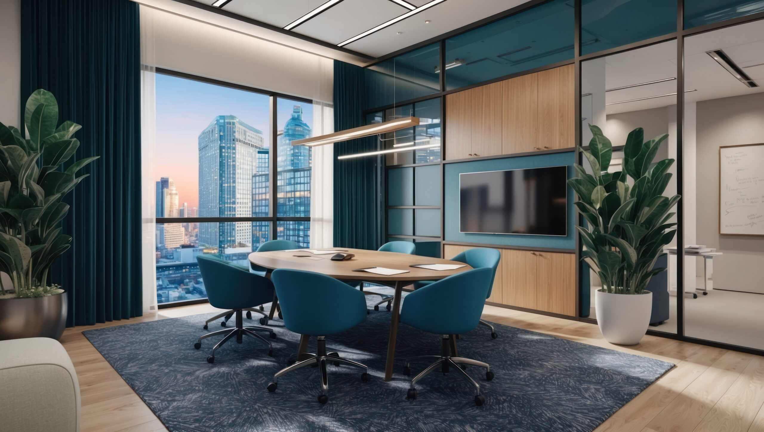 A modern office meeting room with professionals discussing strategies